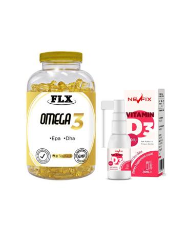 FLX Omega 3 90 Softgel & Nevfix Vitamin D3 Liquid 20 Ml