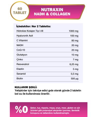 Nutraxin Nadh Collagen 60 Tablets Type1 Type3 Hyaluronic Acid Elastin Ceramide Resveratrol Glutathione - Buy Online on GoSupps.com