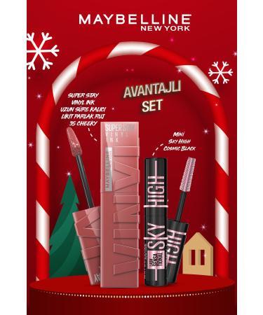 Maybelline New York Super Stay Vinyl Ink Long-Lasting Liquid Glossy Lipstick 35 Cheeky & Mini Sky High Cosmic Black Mascara