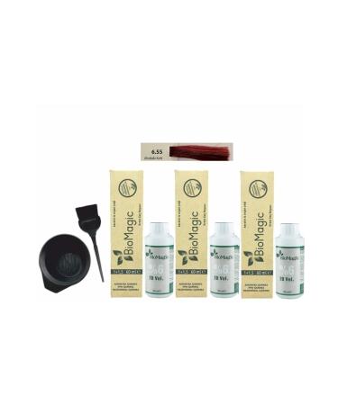 BioMagic Organic Hair Dye 6.55 Raspberry Red 60 Ml X3 Pieces + Oxidant 90ml + Coloring Set