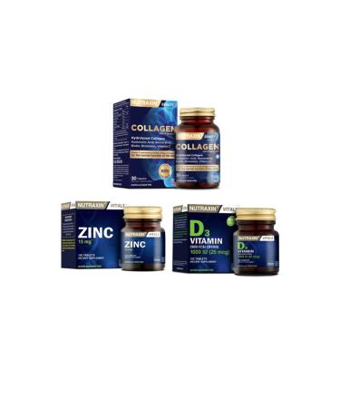 Nutraxin Hydrolyzed Collagen 30 Tablets + Zinc Supplement 15 Mg 100 Tablets + Vitamin D3 120 Tablets