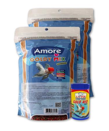 AMORE Goldy Mix Granules 2 x 250 gr High Protein Goldfish Food and 100 ml Lotus Gold Red