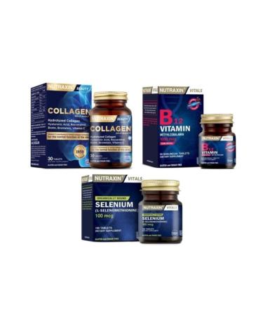 Nutraxin Selenium 100 Mcg 100 Tablets + Type 1 and Type 3 Hydrolyzed Collagen Containing 30 Tablets + b12 1000 Mcg 60 Tablets