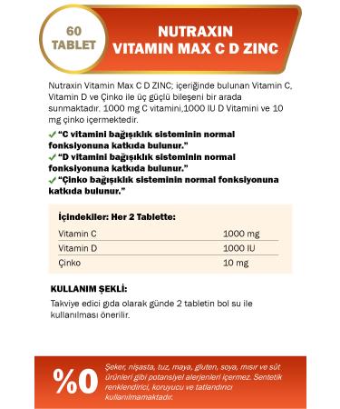 Nutraxin Vitamin Max (1000 mg Vitamin C 1000 Iu Vitamin D and 10 mg Zinc) 60 Tablets - Buy Online on GoSupps.com