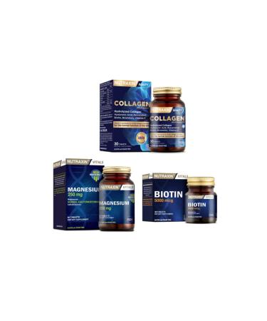 Nutraxin Collagen Supplement 1050 mg 30 Tablets + Magnesium Supplement 250 mg 60 Tablets + Biotin 5000 mcg 30 Tablets
