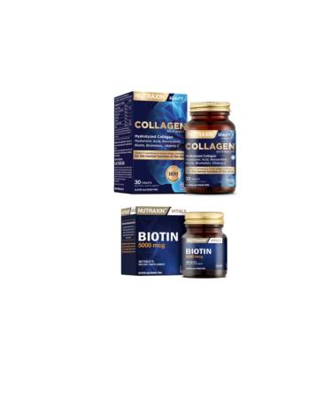Nutraxin Hyaluronic Acid Biotin Zinc Containing 1050 Mg Collagen Supplement 30 Tablets + Biotin 5000 Mcg 30 Tablets
