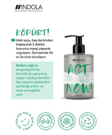 Indola Act Now! Hair Repair Shampoo Enriched with Almond Oil for Damaged Hair 300ml | Vegan - Buy Online on GoSupps.com