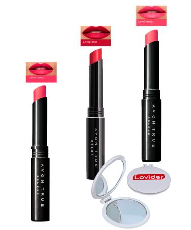 Avon Beauty 3-Pack Lipstick - Rose Creme + Frisky Red + Pink Peach + Lovider Pocket Mirror