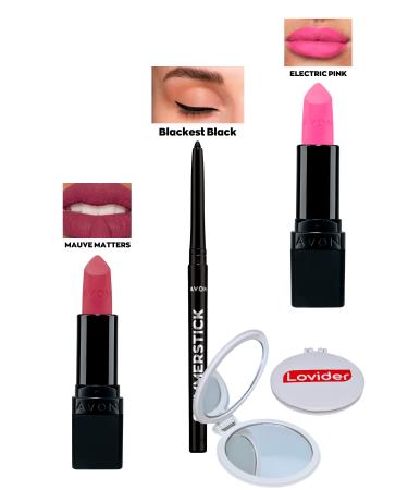 Avon Mauve Matters Matte Lipstick + Black Eyeliner + Electric Pink Matte Lipstick + Lovider Pocket Mirror