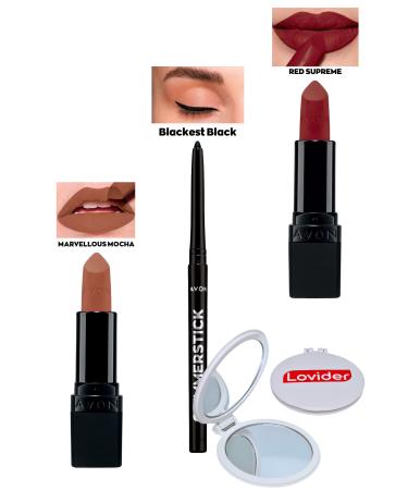 Avon Marvellous Mocha Matte Lipstick + Black Eyeliner + Red Supreme Matte Lipstick + Lovider Pocket Mirror