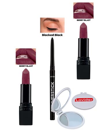 Avon Berry Blast Matte Lipstick x 2 Pieces + Black Eyeliner + Lovider Pocket Mirror