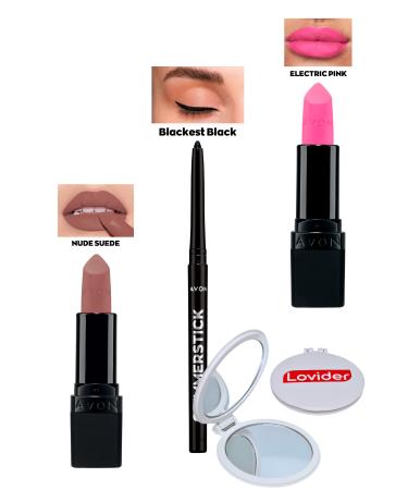 Avon Nude Suede Matte Lipstick + Black Eyeliner + Electric Pink Matte Lipstick + Lovider Pocket Mirror
