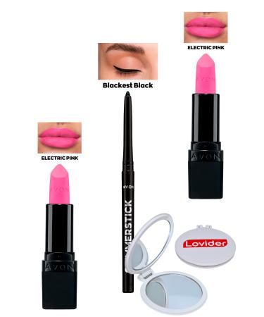 Avon Electric Pink Matte Lipstick x 2 + Black Eyeliner + Lovider Pocket Mirror