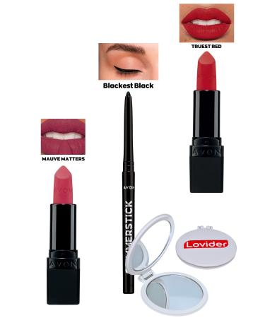 Avon Red Supreme Matte Lipstick + Black Eyeliner + Au Naturale Matte Lipstick + Lovider Pocket Mirror