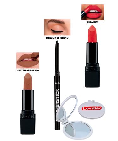 Avon Marvellous Mocha Matte Lipstick + Black Eyeliner + Ruby Kiss Matte Lipstick + Lovider Pocket Mirror