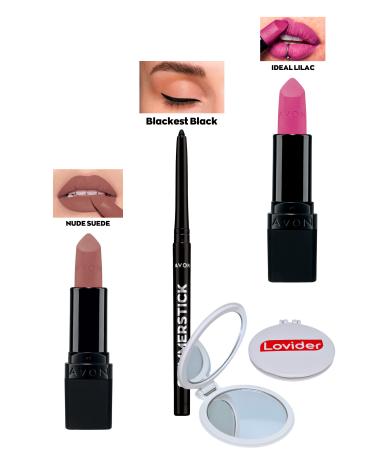 Avon Nude Suede Matte Lipstick + Black Eyeliner + Ideal Lilac Matte Lipstick + Lovider Pocket Mirror