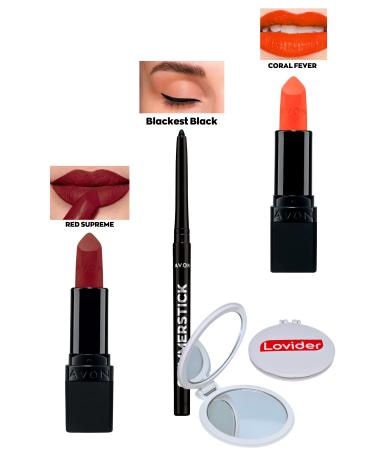 Avon Red Supreme Matte Lipstick + Black Eyeliner + Coral Fever Matte Lipstick + Lovider Pocket Mirror