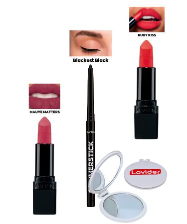 Avon Mauve Matters Matte Lipstick + Black Eyeliner + Ruby Kiss Matte Lipstick + Lovider Pocket Mirror