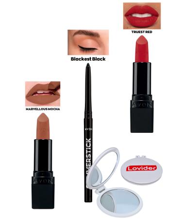 Avon Marvellous Mocha Matte Lipstick + Black Eyeliner + Truest Red Matte Lipstick + Lovider Pocket Mirror