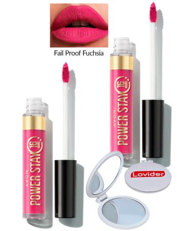 Avon Power Stay Liquid Matte Lipstick - Fail Proof Fuchsia 2 Pack + Lovider Pocket Mirror Gift