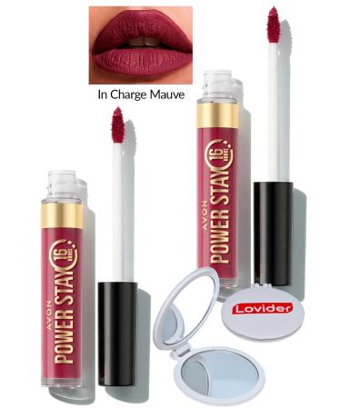 Avon Power Stay Liquid Matte Lipstick - In Charge Mauve 2 Pack + Lovider Pocket Mirror Gift