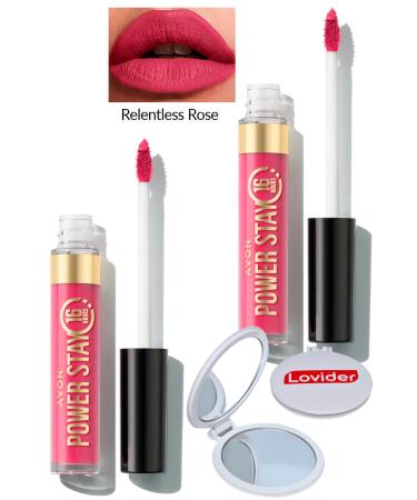 Avon Power Stay Liquid Matte Lipstick - Relentless Rose 2 Pack + Lovider Pocket Mirror Gift