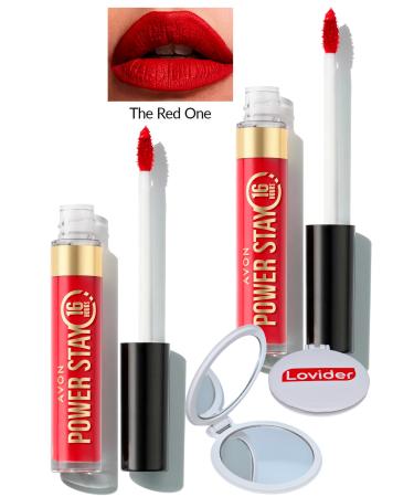 Avon Power Stay Liquid Matte Lipstick - The Red One 2 Pack + Lovider Pocket Mirror Gift