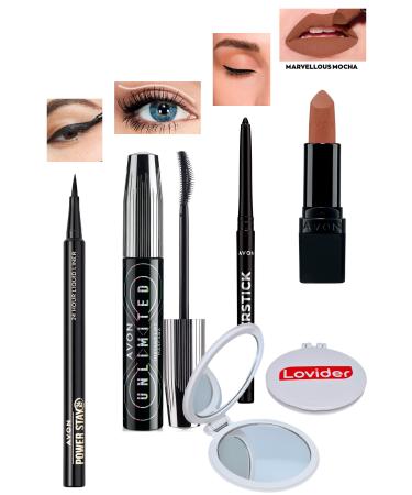 Avon Liquid Eyeliner + Unlimited Mascara + Black Eyeliner + Matte Lipstick Marvellous Mocha + Lovider Pocket Mirror
