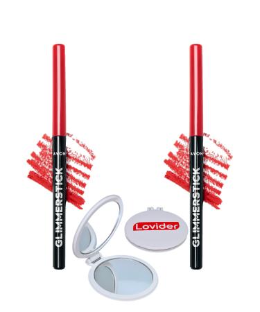 Avon Glimmerstick Lift Lip Pencil - Ruby Shock 2 Pack + Lovider Pocket Mirror Gift