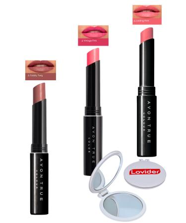 Avon Beauty 3-Pack Lipstick - Totally Twig + Vintage Pink + Lasting Pink + Lovider Pocket Mirror