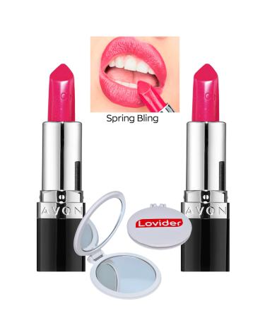 Avon Ultra Shimmer Glitter Lipstick Spring Bling 2 Pack + Lovider Pocket Mirror Gift