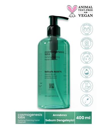 Cosmogenesis Labs Anti-Acne Purifying Facial Cleansing Wash Gel 400ml Vegan Oily-acne Skin (1% SALICYLIC ACID)
