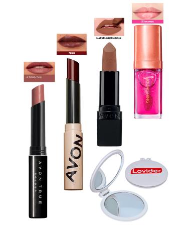Avon Totally Twig Lipstick + Tinted Plum + Marvellous Mocha Matte Lipstick + Blossom Lip Oil + Lovider Pocket Mirror