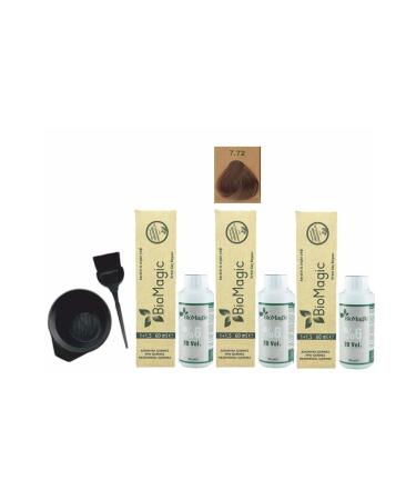 BioMagic Organic Hair Dye 7.72 Ash Blonde 60ml X3 Pieces + Oxidant 90ml + Coloring Set