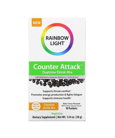 Rainbow Light Counter Attack Daytime Drink Mix with Elderberry Ginseng Vitamins C B12 & Zinc Elder-Citrus 10 Packets 0.1 oz (3.8 g) Each