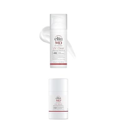 Bundle of EltaMD UV Clear SPF 46 Face Sunscreen 1.7oz Oil-free Acne-Prone Skin) + EltaMD UV Stick SPF 50+ 1.3oz Mineral Sunscreen for Face/Body Kids & Adults Sensitive Skin)