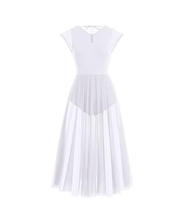 ODASDO Women Lyrical Dance Costume Adult Modern Contemporary Dancewear Cap Sleeve Flowy Mesh Split Maxi Long Dress Medium White