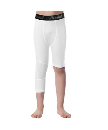 Runhit Boy's One Leg Compression Tights Leggings for Basketball Hockey Running Youth Kids Athletic Pants Sports Base Layer White: 3/4 Long Right & Short Half Left X-Large