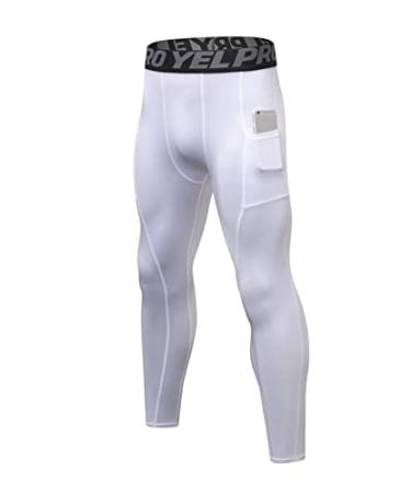 ABTIOYLLZ Men's Compression Pants Sports Athletic Leggings Base-Layer Active Workout Running Football Tights Pocket/Non White #80 Large