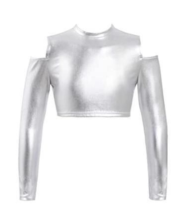 Loloda Kids Girls Shiny Metallic Athletic Crop Tank Top Long Sleeve Stretch T-Shirt Sportswear Dancewear Metallic 14 Years