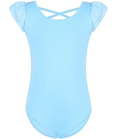 MOLLDAN Girls Dance Ballet Leotards Short Sleeve Criss Cross Straps Back Double Layer Ruffle Sleeve-light Blue 6-8 Years