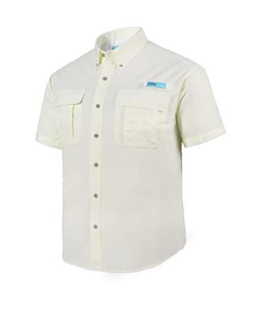 Tuna Men's Fishing Outdoor Button Down UPF 50+ Sun Protection Waterproof Hiking Short Sleeve Shirts Beige White #4 Small