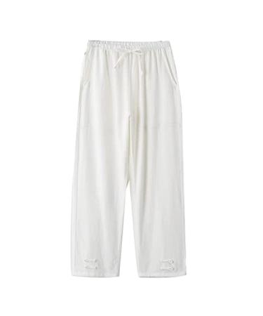 Men Morning Exercise Kung Fu Pants Cotton Linen Tai Chi Pants Loose Tang Suit Pants Martial Arts Pants-M-4XL 3X-Large-4X-Large White