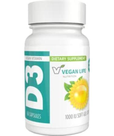 Vegan Life Nutrition - Vitamin D3 Daily Capsules for Adults (1000 IU) - Gluten-Free Non-GMO Supports Bone Health and Immune System - 60 Capsules