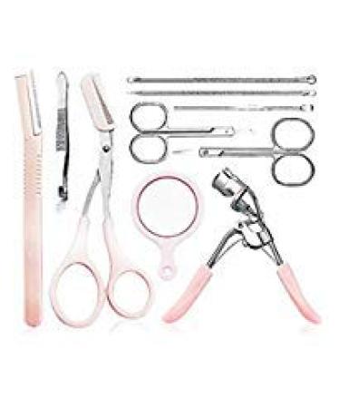 Eyebrow Tools Suit Kit for Women - Tweezers Scissors Trimmer Eyelash Curler Mirror Earpick Acne Pin Extractor Make up Cosmetic Tool(Pink Pack of 10)