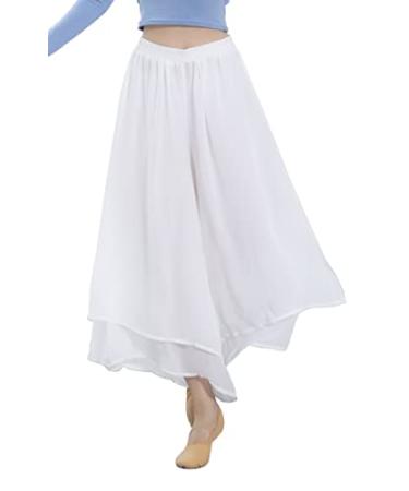 Angcoco Women's Loose Fit Double Layered Side Slit Chiffon Pants for Dance Training One Size White
