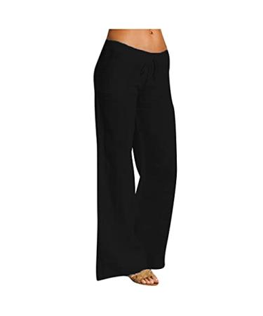 Gufesf Women's Cotton Linen Palazzo Pants Summer Wide Leg Long Trousers with Pockets Crop Pants for Women Dressy Summer Z2-black Small