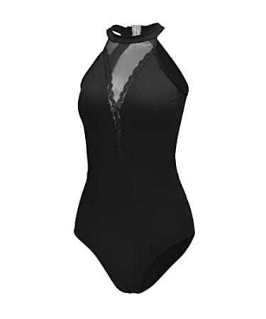 Dance Elite - Grand - Crew Neck Dance Leotard with mesh and lace. Leotards for Women Ballet and Dance Adult XL Black
