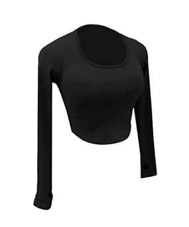 ECUPPER Workout Crop Tops for Women Long Sleeve Open Back Compression Yoga Shirts with Thumb Hole Padded Athletic Tank Tops Black Small