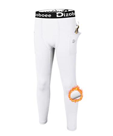 Dizoboee Boys Compression Pants Leggings Thermal Tights for Sports Youth Kids Basketball Pants Fleece Lined Baselayer White With Pockets Large